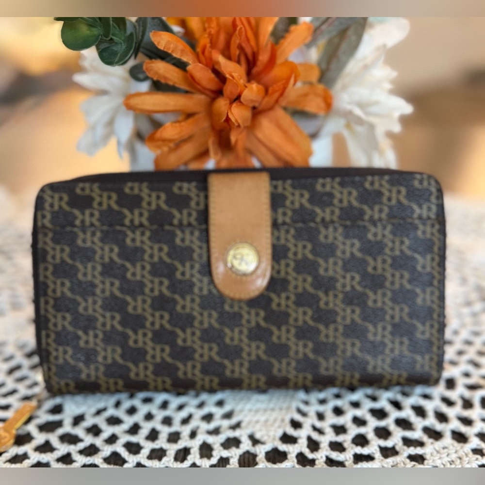 Rioni Brown Monogram Wallet Genuine Leather Trim Zip Closure